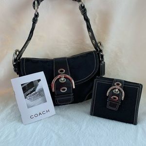 Coach logo tapestry (cloth) black shoulder or hand bag.